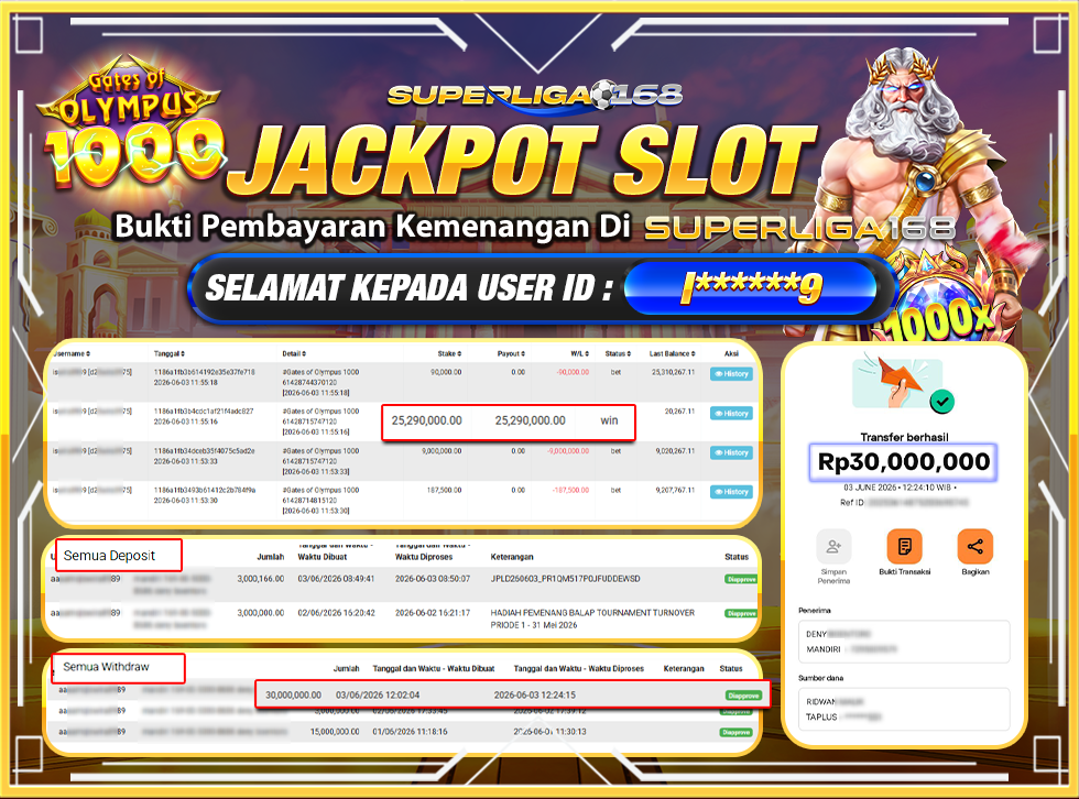 SUPERLIGA168 JACKPOT GATES OF OLYMPUS 1000 Rp.30,000,000LUNASSSSSSSS